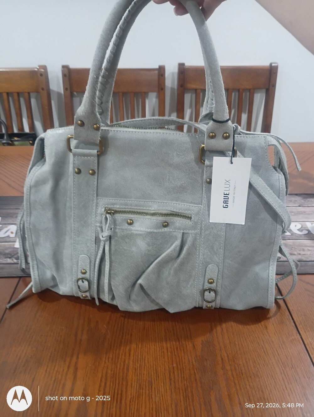 Gave Lux Grey Leather Shoulder Bag with Top Handles and Crossbody Strap